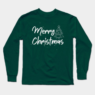 Minimalist Merry Christmas Tree With Snowy Night Lettering Long Sleeve T-Shirt