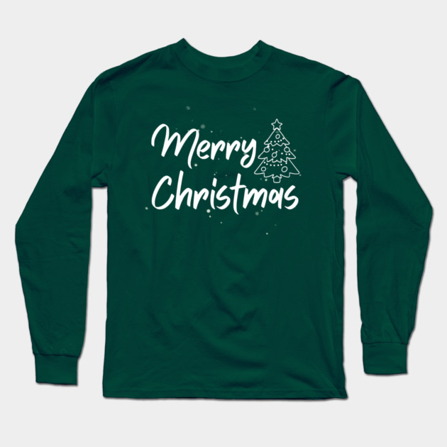 Minimalist Merry Christmas Tree With Snowy Night Lettering Long Sleeve T-Shirt by Creatifly Graphic Tees