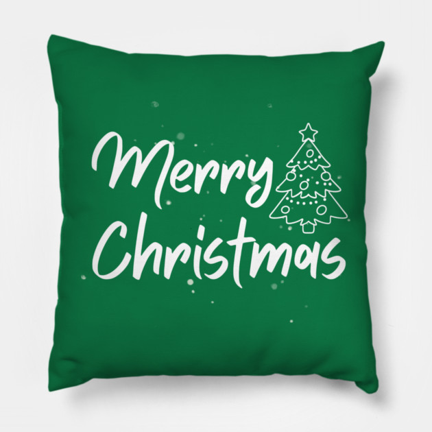 Minimalist Merry Christmas Tree With Snowy Night Lettering Pillow by Creatifly Graphic Tees