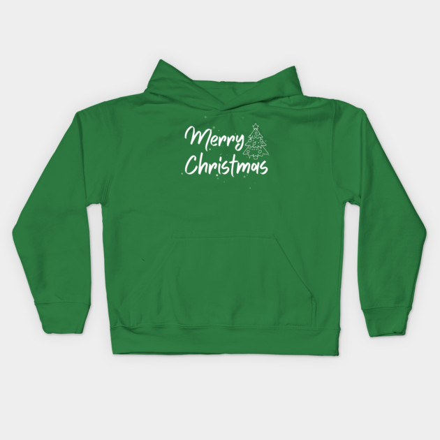 Minimalist Merry Christmas Tree With Snowy Night Lettering Kids Hoodie by Creatifly Graphic Tees