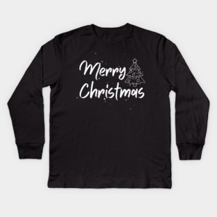 Minimalist Merry Christmas Tree With Snowy Night Lettering Kids Long Sleeve T-Shirt
