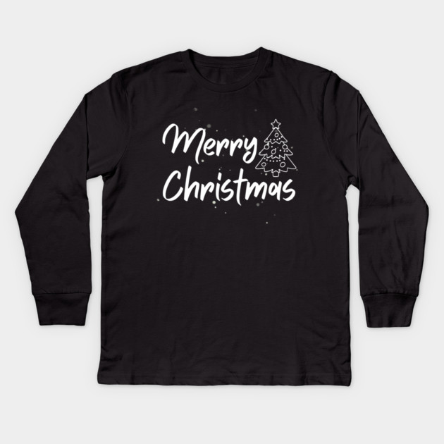 Minimalist Merry Christmas Tree With Snowy Night Lettering Kids Long Sleeve T-Shirt by Creatifly Graphic Tees