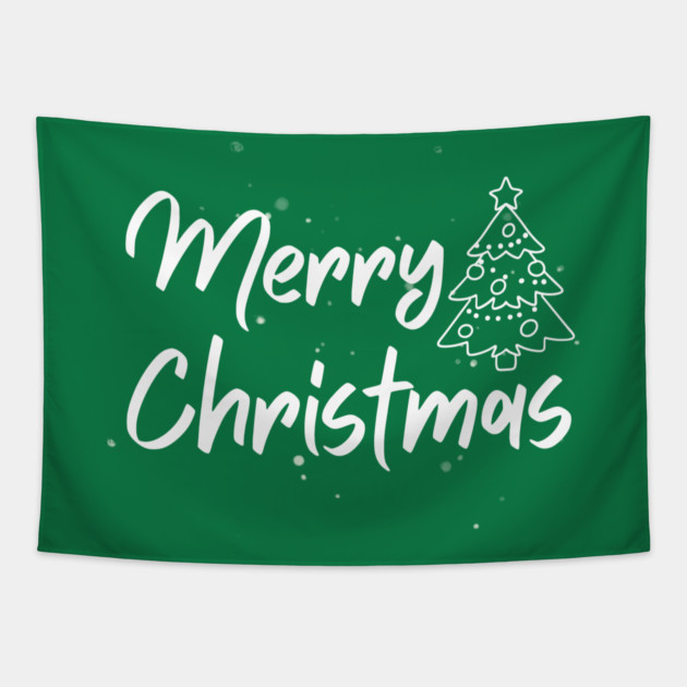 Minimalist Merry Christmas Tree With Snowy Night Lettering Tapestry by Creatifly Graphic Tees