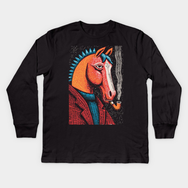 Detective Horse Noir Style Funny Art Kids Long Sleeve T-Shirt by TuncGK