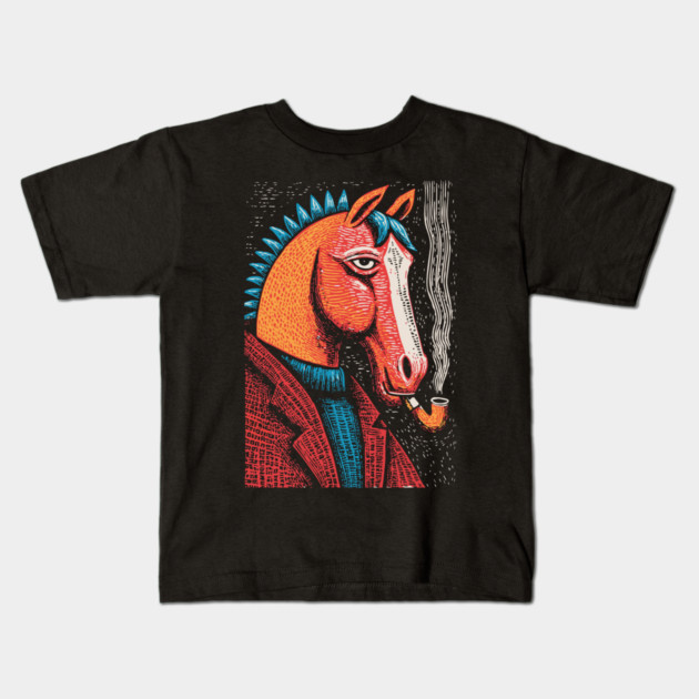 Detective Horse Noir Style Funny Art Kids T-Shirt by TuncGK