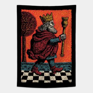 Surreal Chess King Walking with Anxious Expression Tapestry