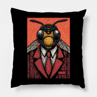 Humorous Fly-Headed Office Worker Surreal Art Design Pillow