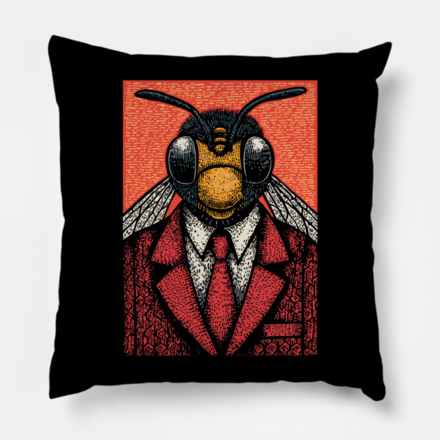 Humorous Fly-Headed Office Worker Surreal Art Design Pillow by TuncGK