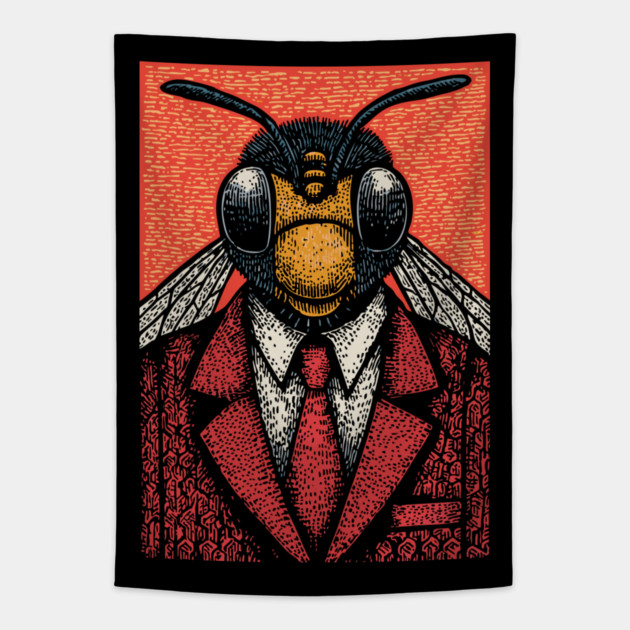 Humorous Fly-Headed Office Worker Surreal Art Design Tapestry by TuncGK