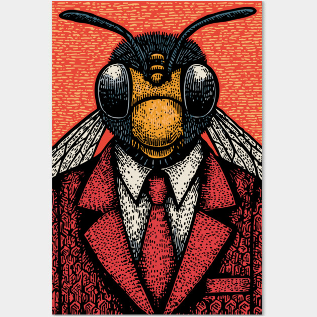 Humorous Fly-Headed Office Worker Surreal Art Design Wall Art by TuncGK