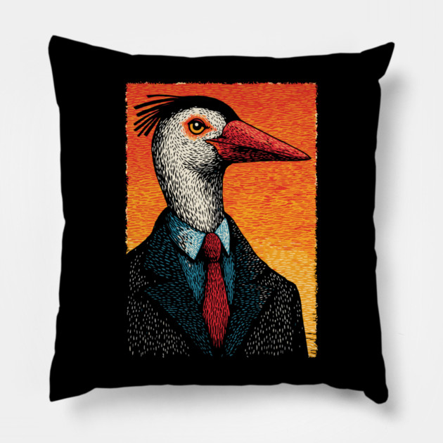 Surreal Heron-Headed Businessman in Suit Pillow by TuncGK