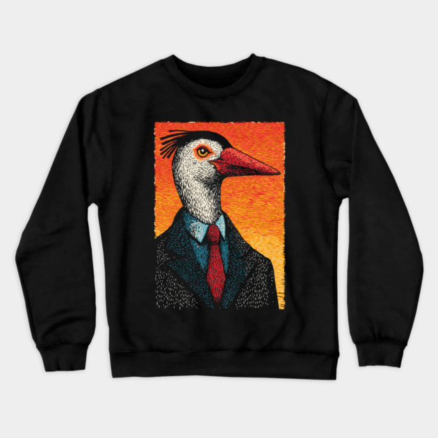 Surreal Heron-Headed Businessman in Suit Crewneck Sweatshirt by TuncGK