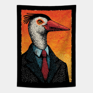 Surreal Heron-Headed Businessman in Suit Tapestry