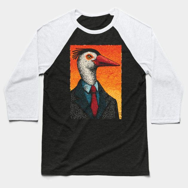 Surreal Heron-Headed Businessman in Suit Baseball T-Shirt by TuncGK