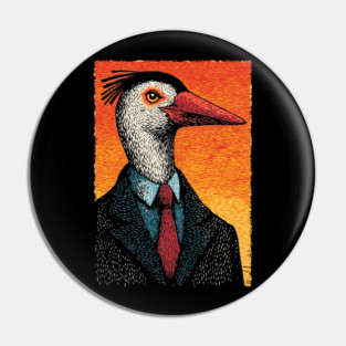 Surreal Heron-Headed Businessman in Suit Pin