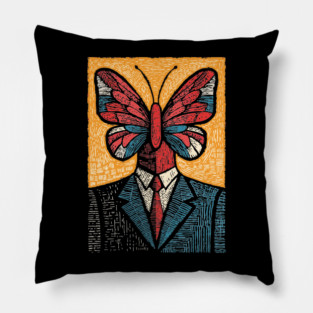 Vibrant Butterfly-Headed Businessman Surreal Art Pillow