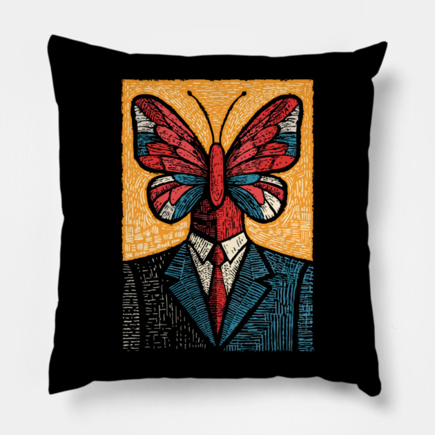 Vibrant Butterfly-Headed Businessman Surreal Art Pillow by TuncGK