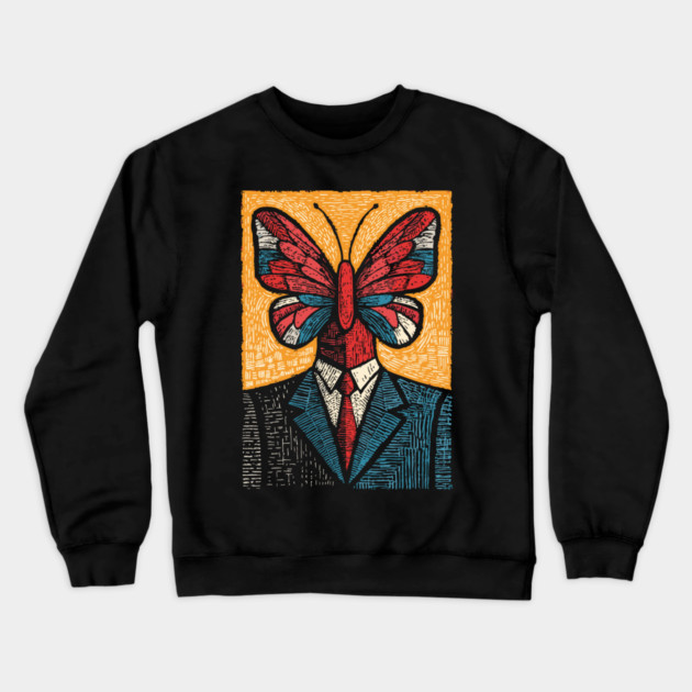 Vibrant Butterfly-Headed Businessman Surreal Art Crewneck Sweatshirt by TuncGK