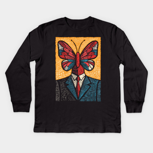 Vibrant Butterfly-Headed Businessman Surreal Art Kids Long Sleeve T-Shirt by TuncGK