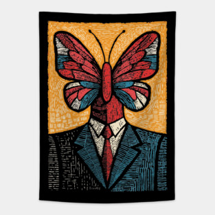 Vibrant Butterfly-Headed Businessman Surreal Art Tapestry