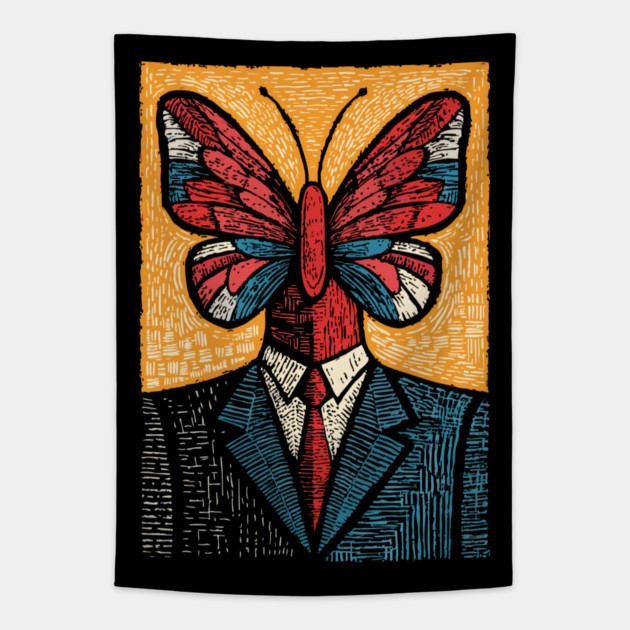 Vibrant Butterfly-Headed Businessman Surreal Art Tapestry by TuncGK