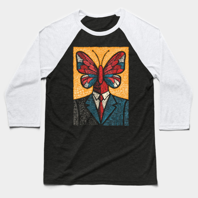 Vibrant Butterfly-Headed Businessman Surreal Art Baseball T-Shirt by TuncGK