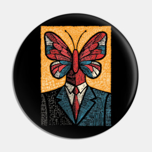 Vibrant Butterfly-Headed Businessman Surreal Art Pin