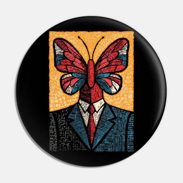 Vibrant Butterfly-Headed Businessman Surreal Art Pin by TuncGK