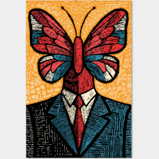 Vibrant Butterfly-Headed Businessman Surreal Art Posters and Art