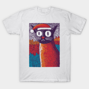 Whimsical Christmas Black Cat with Santa Hat Design T-Shirt