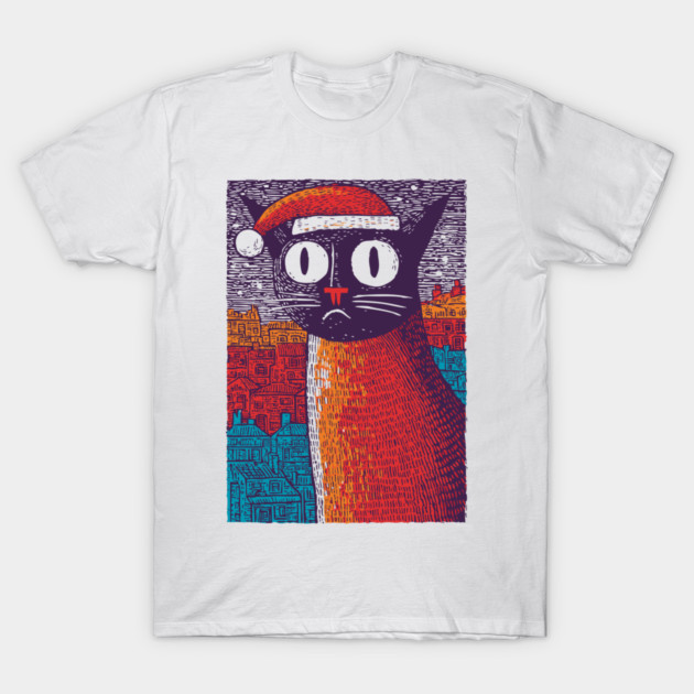 Whimsical Christmas Black Cat with Santa Hat Design T-Shirt by TuncGK