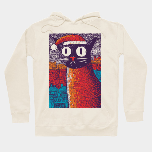 Whimsical Christmas Black Cat with Santa Hat Design Hoodie by TuncGK