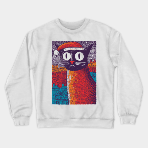 Whimsical Christmas Black Cat with Santa Hat Design Crewneck Sweatshirt by TuncGK