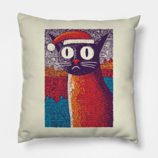 Whimsical Christmas Black Cat with Santa Hat Design Pillow