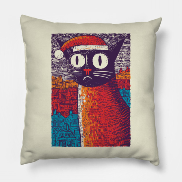 Whimsical Christmas Black Cat with Santa Hat Design Pillow by TuncGK