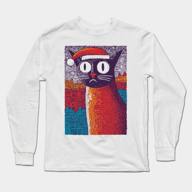Whimsical Christmas Black Cat with Santa Hat Design Long Sleeve T-Shirt by TuncGK
