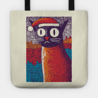 Whimsical Christmas Black Cat with Santa Hat Design Tote