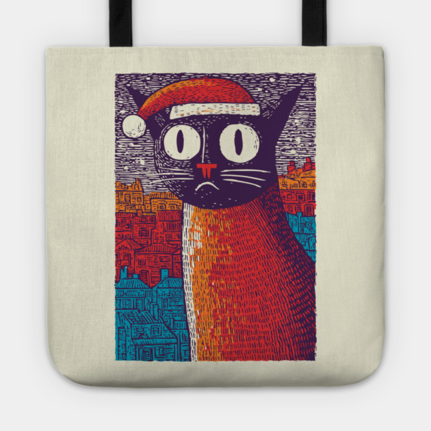 Whimsical Christmas Black Cat with Santa Hat Design Tote by TuncGK