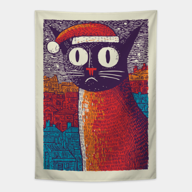 Whimsical Christmas Black Cat with Santa Hat Design Tapestry by TuncGK