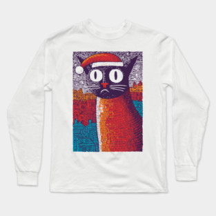 Whimsical Christmas Black Cat with Santa Hat Design Long Sleeve T-Shirt