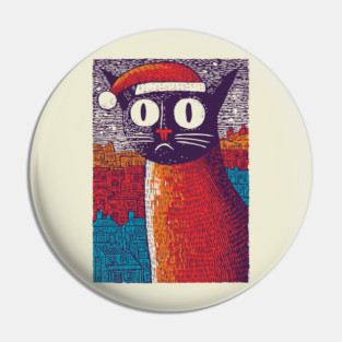 Whimsical Christmas Black Cat with Santa Hat Design Pin