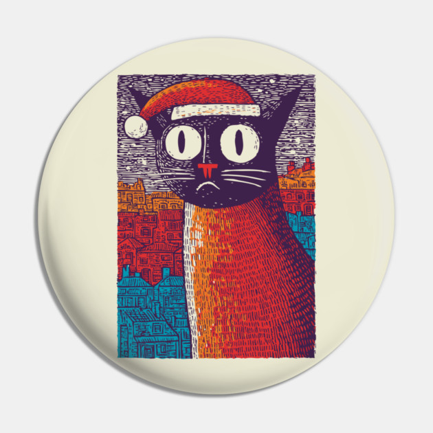Whimsical Christmas Black Cat with Santa Hat Design Pin by TuncGK