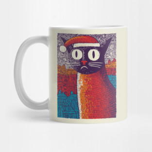Whimsical Christmas Black Cat with Santa Hat Design Mug