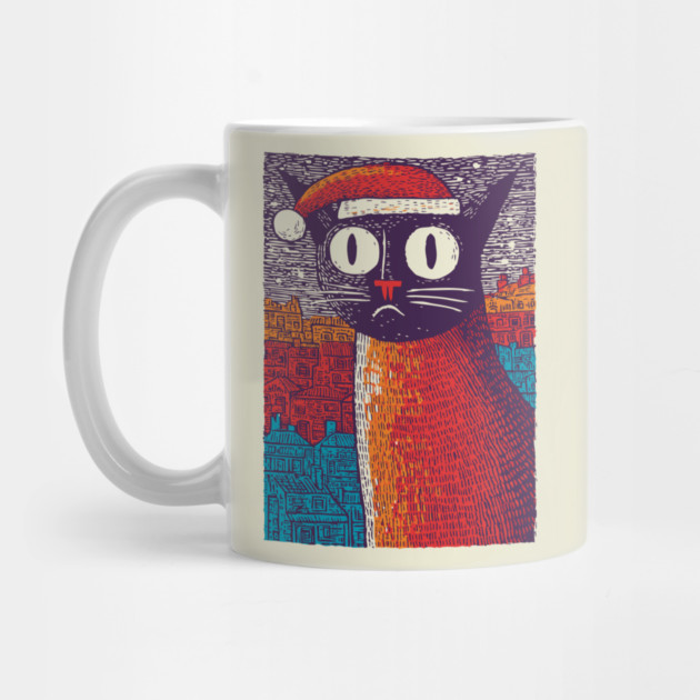 Whimsical Christmas Black Cat with Santa Hat Design by TuncGK