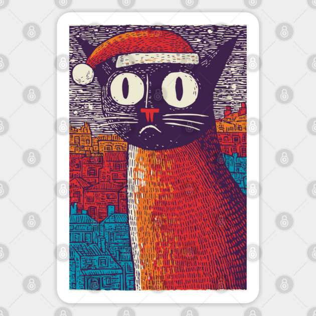 Whimsical Christmas Black Cat with Santa Hat Design Sticker by TuncGK