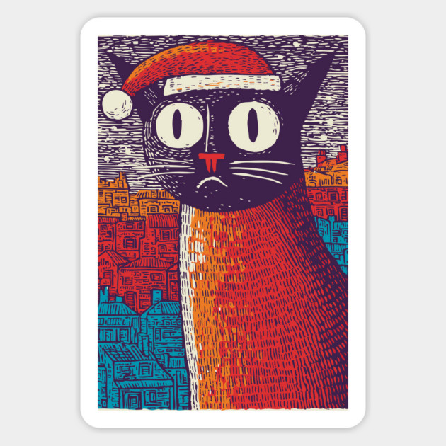 Whimsical Christmas Black Cat with Santa Hat Design Magnet by TuncGK
