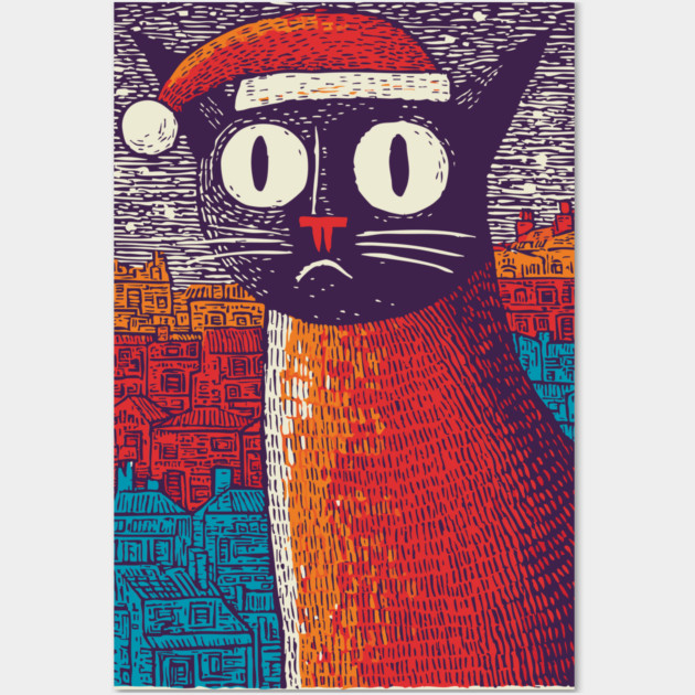 Whimsical Christmas Black Cat with Santa Hat Design Wall Art by TuncGK