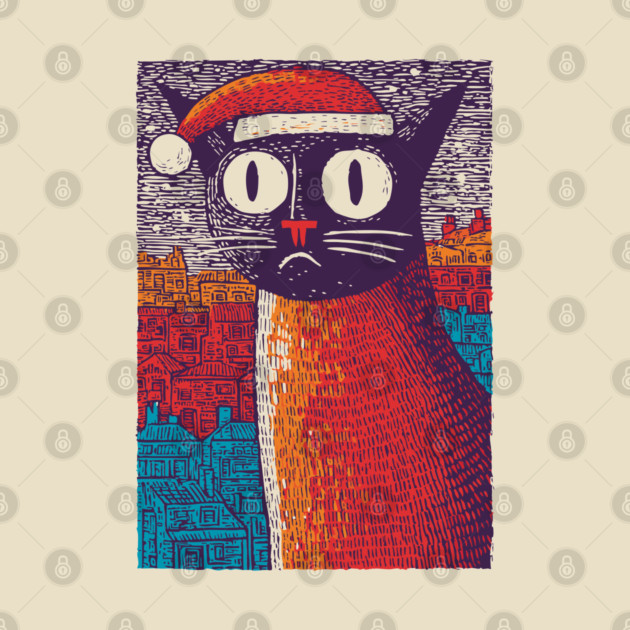 Whimsical Christmas Black Cat with Santa Hat Design by TuncGK