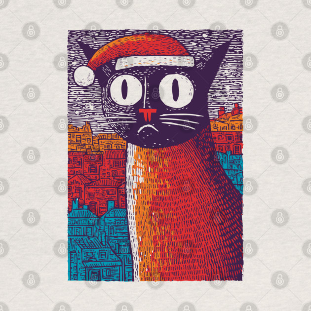 Whimsical Christmas Black Cat with Santa Hat Design by TuncGK
