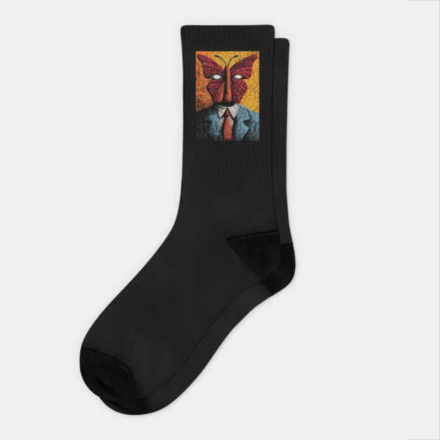 Creepy Butterfly-Headed Businessman Surreal Dark Art Socks by TuncGK